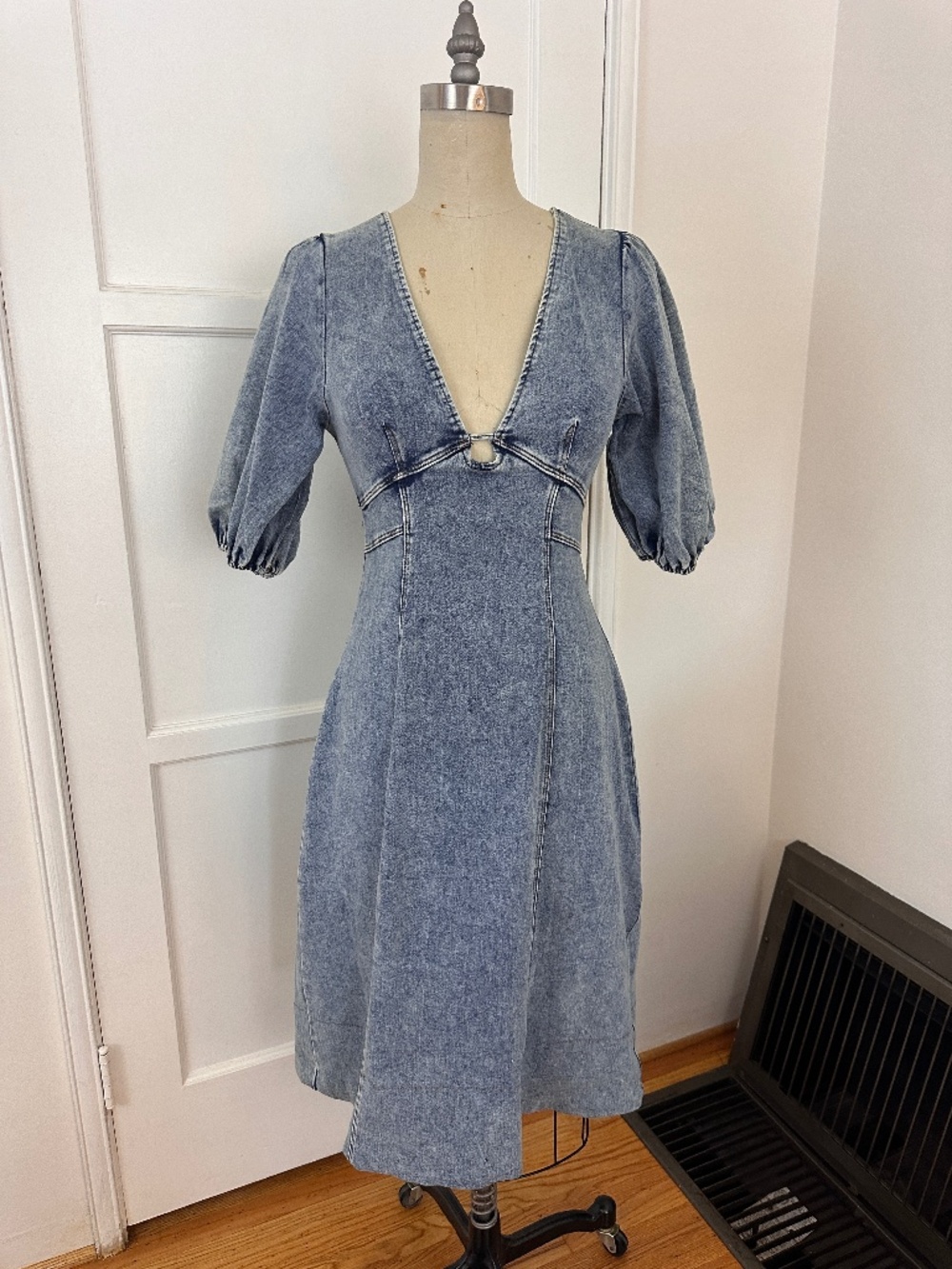 Stretch denim deep v-neck dress
